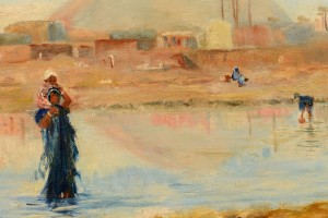 A woman in a blue dress with her baby